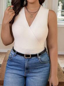 Calvaya Plus Surplice Neck Ribbed Knit Top - Apricot - View 6