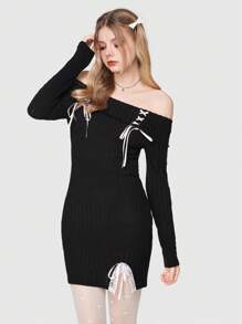 ROMWE Kawaii Quý cô Off-shoulder Màu thuần Đầm - màu đen - Xem 3