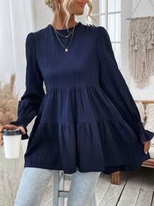 SHEIN VCAY Camisa De Color Sólido Con Mangas De Encaje - Azul Marino - Ver 6
