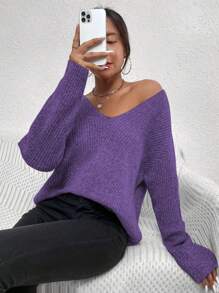 SHEIN Frenchy Solid V-Neck Drop Shoulder Sweater - Purple - View 3