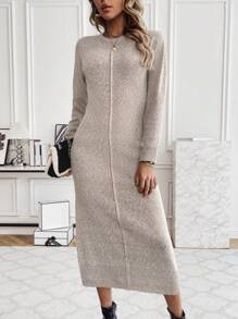 SHEIN Clasi Women's Long Knitted Sweater Dress - Khaki - View 4