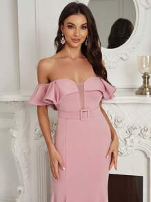 SHEIN Belle Off Shoulder Ruffle Detail Belted Mermaid Hem Women's Evening Gown - Pink - View 6