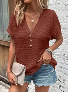 SHEIN LUNE 純色深v領短袖t卹 - 鏽棕色 - 查看 6