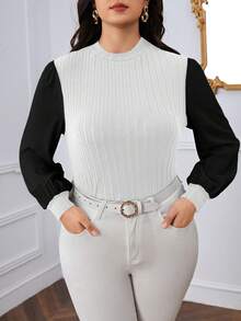 SHEIN Privé Kích thước lớn Của phụ nữ Màu sắc Tương phản Tay áo dài Đứng cổ áo Áo thun - Đen và trắng - Xem 4