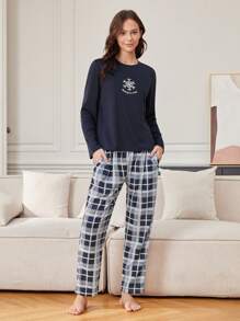 女士絨布雪花格紋家居服套裝