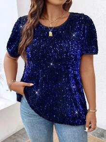 SHEIN Clasi Plus Size Short Sleeve Top With Sequin Detailing On Round Neck - Violet Purple - View 4