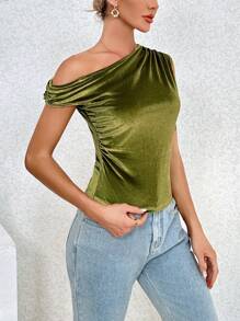 SHEIN Privé Women's Asymmetrical Collar & Pleated Detail Top - Green - View 2