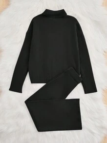 SHEIN Tween女孩高領字母提花毛衣套裝,包含毛衣外套和長褲,2件裝 - 黑色 - 查看 2