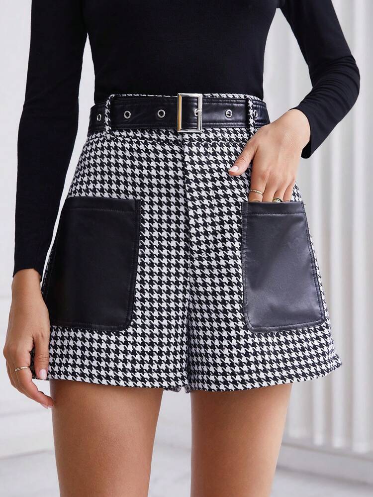 Women's Houndstooth Print Splicing Pu Leather Pocket Belted Shorts