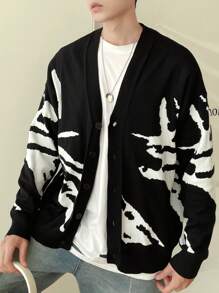 Manfinity Hypemode 男士圖案下墜肩超大罩衫 - 黑與白 - 查看 1