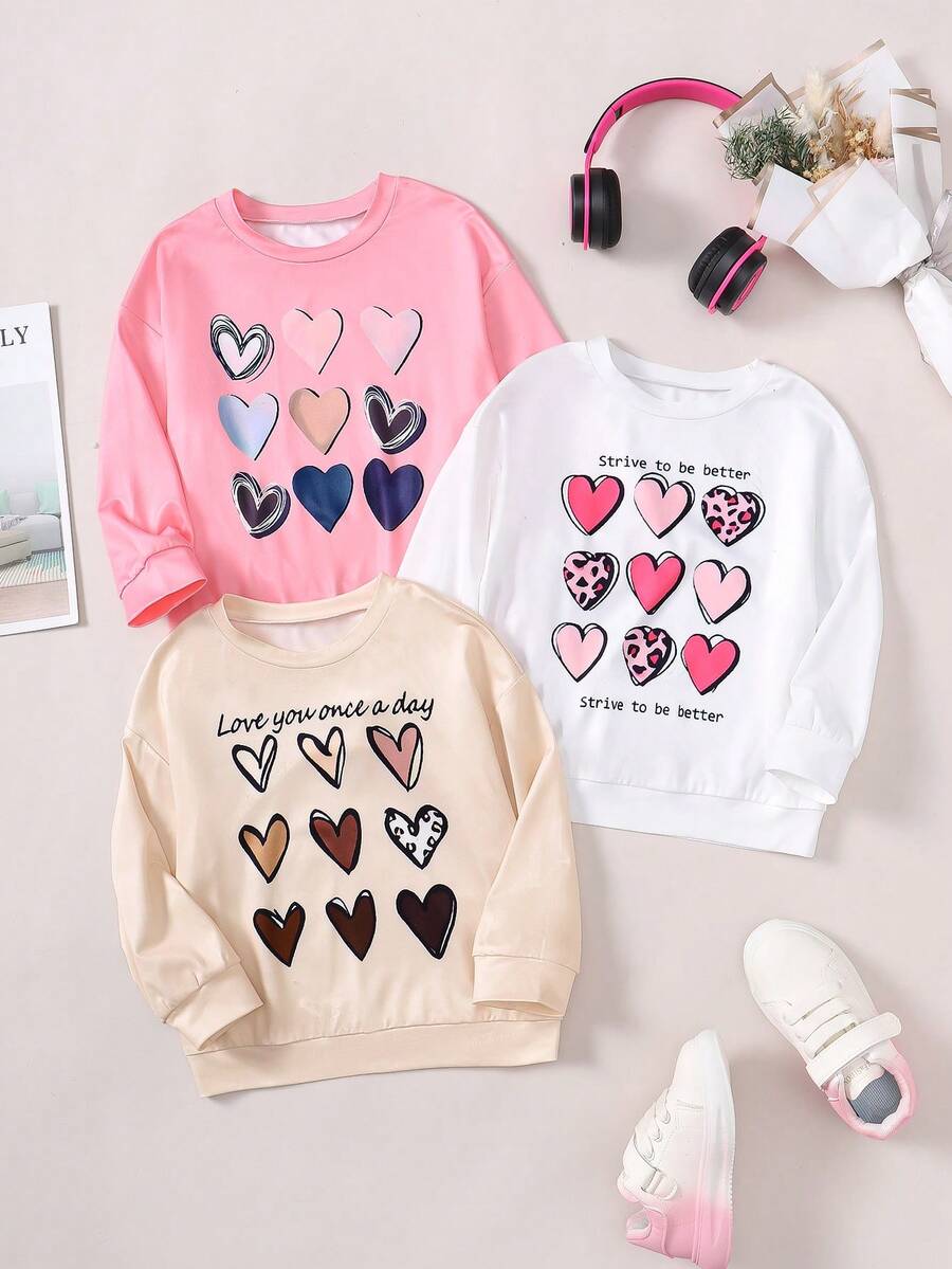 SHEIN Toddler Girls' Heart & Slogan Printed Sweatshirt - Pink - View 1