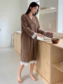 DAZY Women's Patchwork Lace Button Up Robe - Brown - View 4