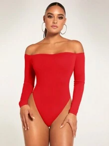 Silquee Solid Off Shoulder Bodysuit - Red - View 6