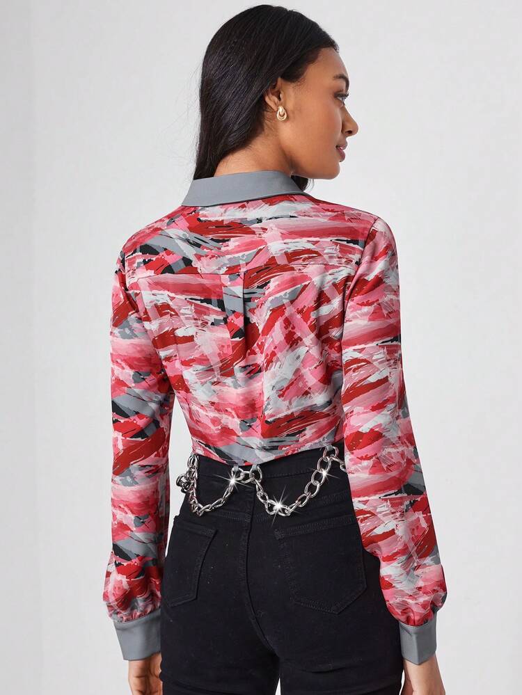 Designer Business Casual Camo Print Drawstring Hem Crop Shirt With Chains, Fall, For Autumn & Winter, Holiday, Vacation, Office