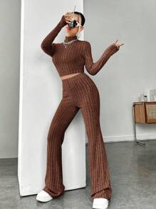 SHEIN EZwear de cuello alto tejido de canalé Camiseta & Pantalones acampanados - Marrón Chocolate - Ver 3