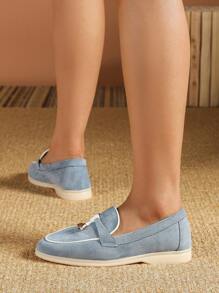 女款平底乐福鞋，低帮，酒红色，安哥拉红，亮红色，蓝色，藏青色，2025秋冬新款休闲软底牛津鞋，加大码41-43 - 藍色 - 查看 6