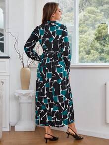 SHEIN Clasi Của phụ nữ Tay áo dài Hình học In Váy sơ mi Với thắt lưng - Nhiều màu - Xem 2