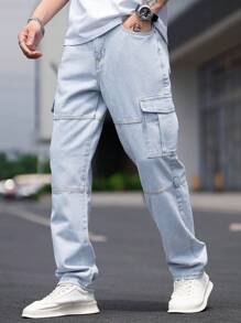 Manfinity Homme Men's Side Pocket Cargo Denim Jeans - Light Wash - View 3