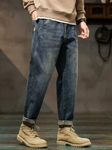 男士斜口袋水洗牛仔褲 - 藍色 - 查看 3