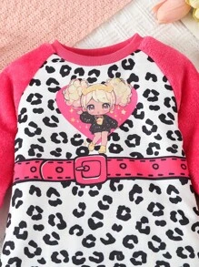 Baby Girls' Stylish Plush Patchwork Character Pattern Dress With Raglan Sleeve - Pink - View 4