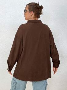 Flirla Plus Size Women'S Shirt With Letter Patched And Patchwork Design - Brown - View 2