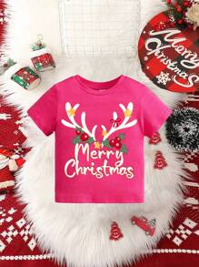 SHEIN 小女童休閒卡通聖誕圖案短袖T恤合適的適合夏天 - 玫紅色 - 查看 1