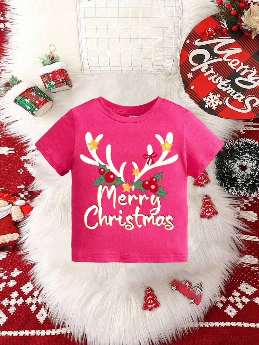 SHEIN Bé gái Giải trí Hoạt hình Mẫu giáng sinh Ngắn tay Áo thun Thích hợp Cho mùa hè - Màu Hồng Tươi - Xem 1