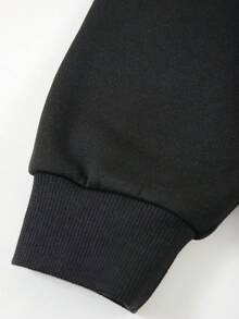 SHEIN EZwear Women's Mouth Print Drawstring Hooded Fleece Sweatshirt - Black - View 6