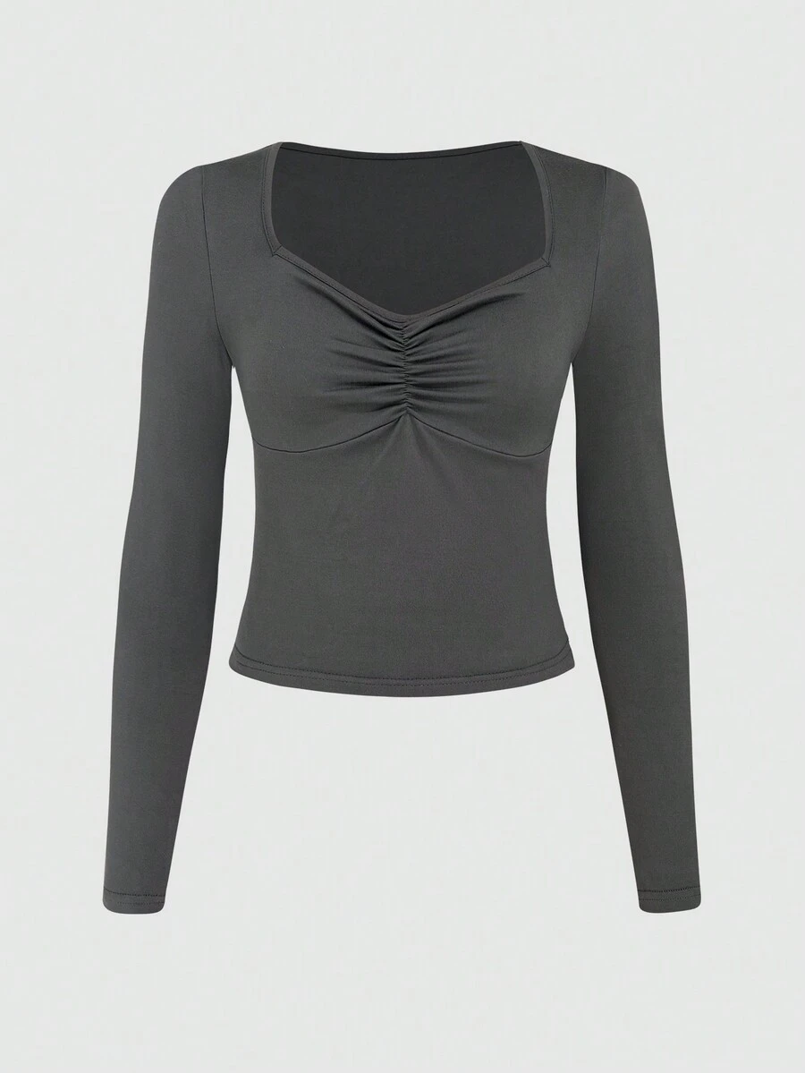 SHEIN Unity Của phụ nữ Hình vuông Đường viền cổ áo Áo thun Áo sơ mi Với Nếp gấp Phần Ngực - Xám - Xem 1