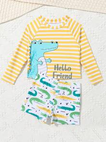 Baby Boys' Cartoon Dinosaur Print Striped Long Sleeve One-piece Swimwear - Yellow - View 3