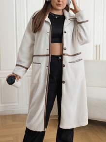 SHEIN EZwear 女款大尺碼撞色飾邊泰迪熊外套 - 白色 - 查看 5