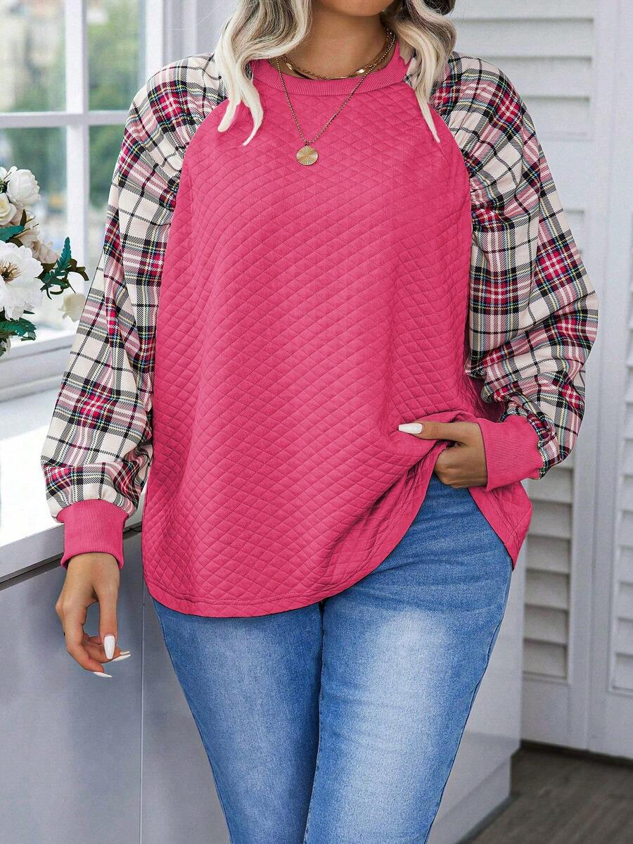 Celure Chi tiết đường khâu Kiểm tra Mẫu Vòng cổ Áo chui đầu Áo nỉ Kích thước lớn - Màu Hồng Tươi - Xem 1