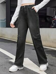 SHEIN Thiếu niên cô gái Túi nắp bên cạnh Quần jean chở hàng - màu đen - Xem 5