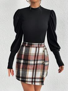 SHEIN Privé 高領半袖蓬蓬袖t恤和格子裙 - 彩色 - 查看 1