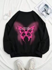 SHEIN EZwear 女士蝴蝶印花下垂肩運動衫 - 黑色 - 查看 1