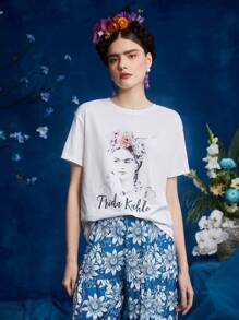 FURNANDA Frida Kahlo X SHEIN X Designer Figure Graphic Drop Shoulder Tee - White - View 3