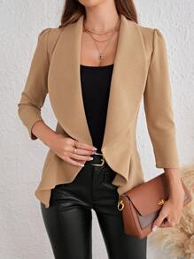 SHEIN Tall Women Long Sleeve Ruffle Hem Asymmetrical Blazer - Khaki - View 3