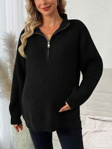 SHEIN 孕婦領開衩下擺毛衣,前圍裹式 - 黑色 - 查看 3