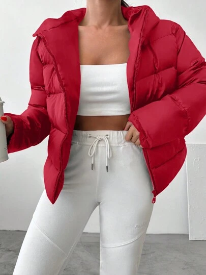 EURMUSE Solid Color Short Padded Jacket Coat For Women