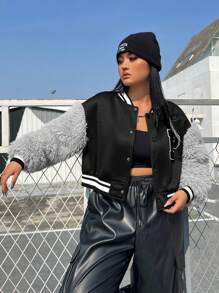 SHEIN EZwear Hơn Thư được vá Sọc trang trí Thả vai Áo khoác - màu đen - Xem 3