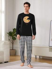 男士比薩印花t恤和格紋長褲家居服套裝 - 彩色 - 查看 6