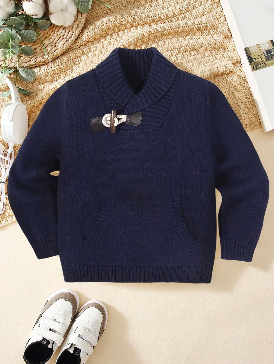 SHEIN 男孩休閒學院風合身長袖牛角扣袋鼠口袋西裝領套頭衫套頭毛衣,厚&濃烈香調,合適的適用於秋天和冬天