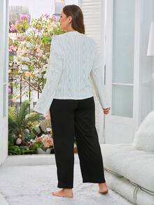 大码纯色落肩 T 恤和裤子家居服套装 - 杏色 - 查看 3