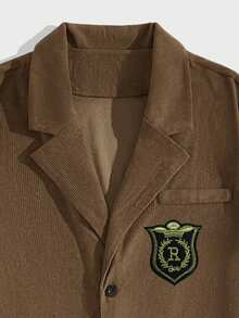 ROMWE MEN Academia 男士商務格紋西裝,配有字母補釘胸花 - 棕色 - 查看 3