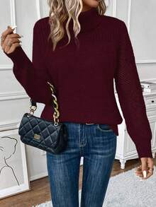 SHEIN LUNE Turtleneck Pointelle Knit Sweater - Burgundy - View 4