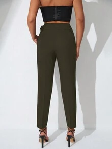 SHEIN Cottnline 女士皮帶直筒褲 - 卡其色 - 查看 2