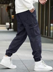 Aesthetic Post--Men's Loose Fit Denim Pants With Flap Pockets And Elastic Hem - Dark Grey - View 6