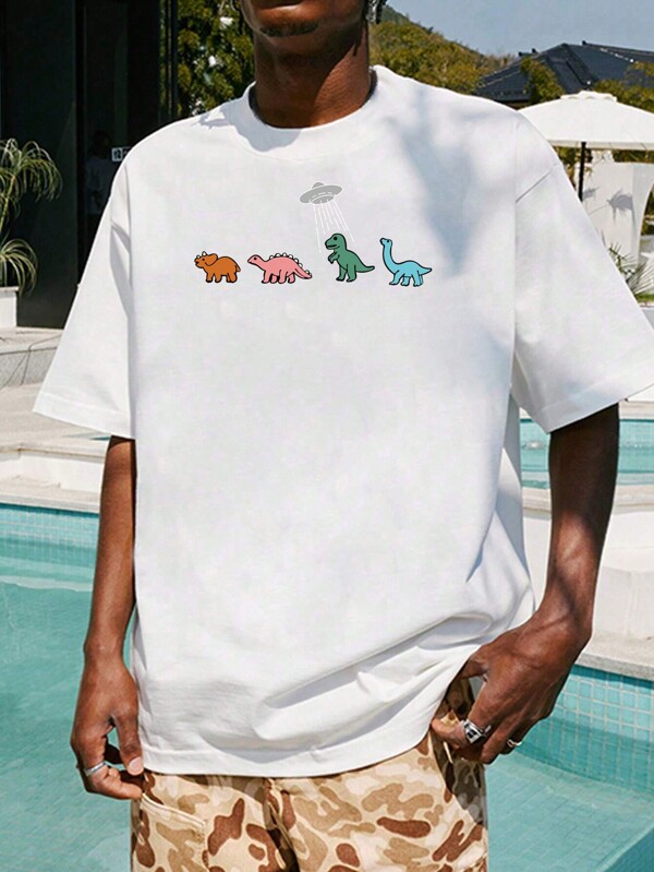 EASEVO Camiseta urbana holgada con estampado gráfico de dinosaurio de talla grande para hombre, ropa de dinosaurio de verano
