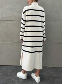 EURMUSE Women's Striped Drop Shoulder Sweater Dress - Black and White - View 2