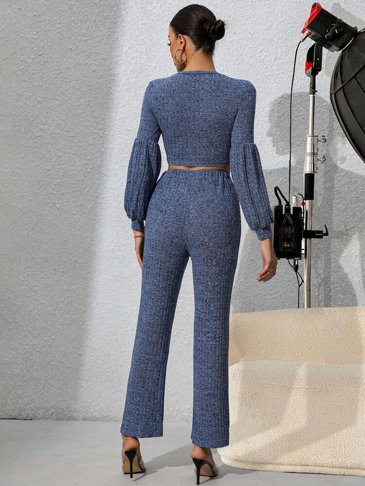 Lantern Sleeve Crop Top & Flare Leg Pants Fall Cloth For Women